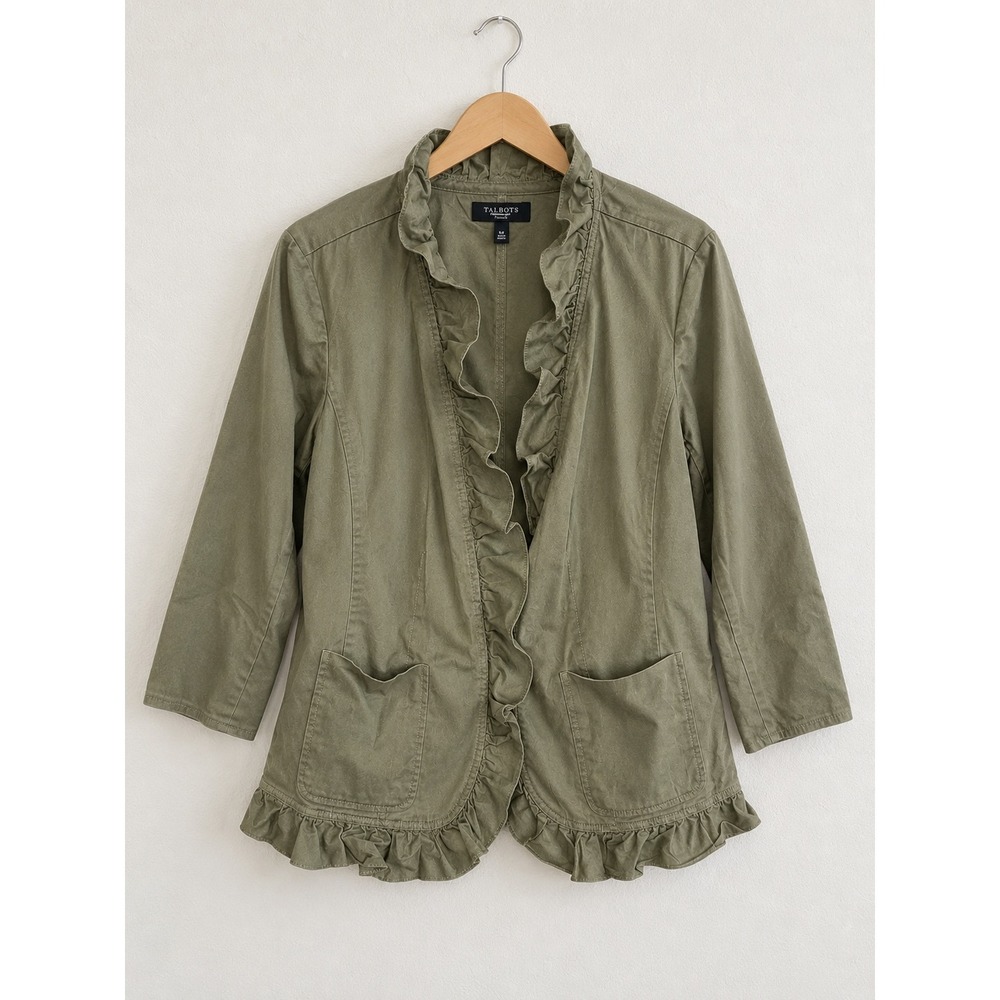 Talbots Woman Olive Green Ruffle Trim Open Front Jacket 14W Cotton Blend Pockets